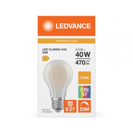Ledvance E27 LED Lampe Classic dimmbar matt 4,2W wie 40W 2700K warmweißes Licht CRI97 sehr hohe Farbwiedergabe
